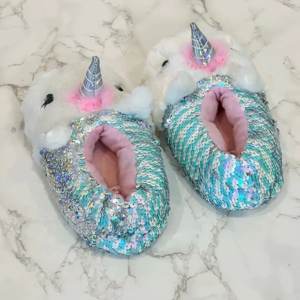 Capelli New York Little Girls Sequin Unicorn Slippers Size 1-2